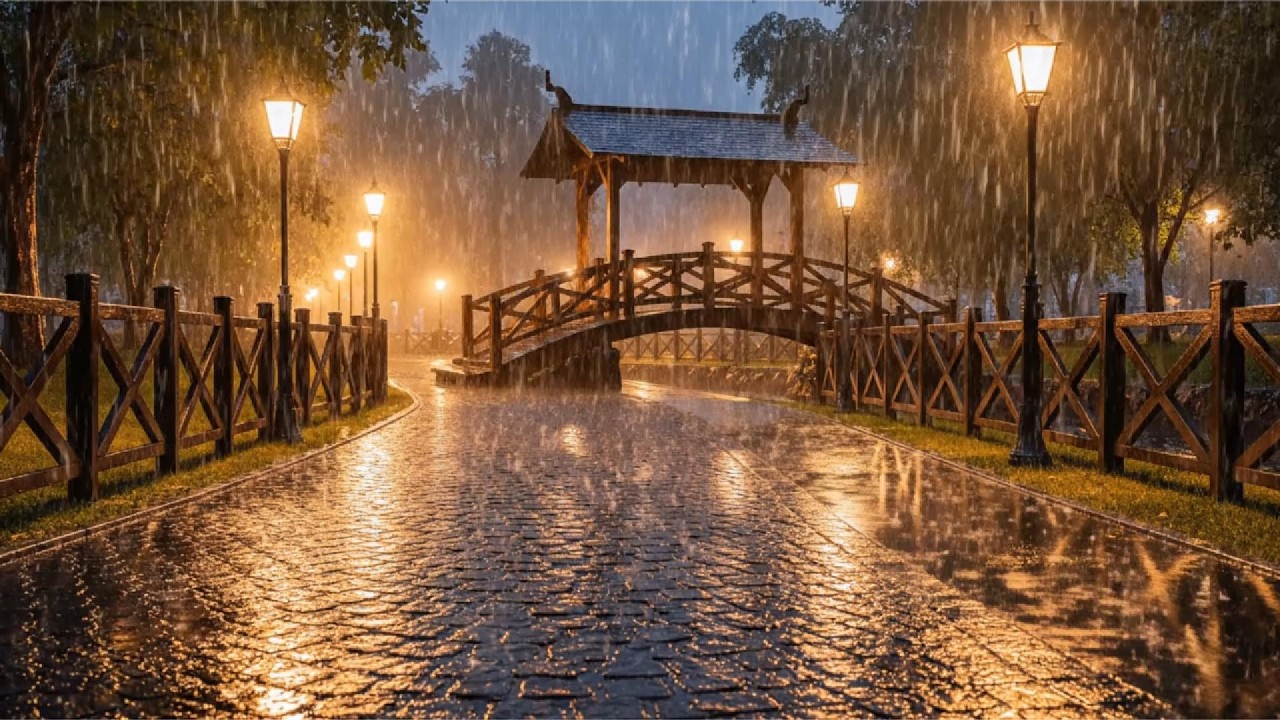 Peaceful Rainy Night Park Walk with Wooden Bridge 🌧️ Relaxing Sleep Ambience 4K | Calm Path Rain