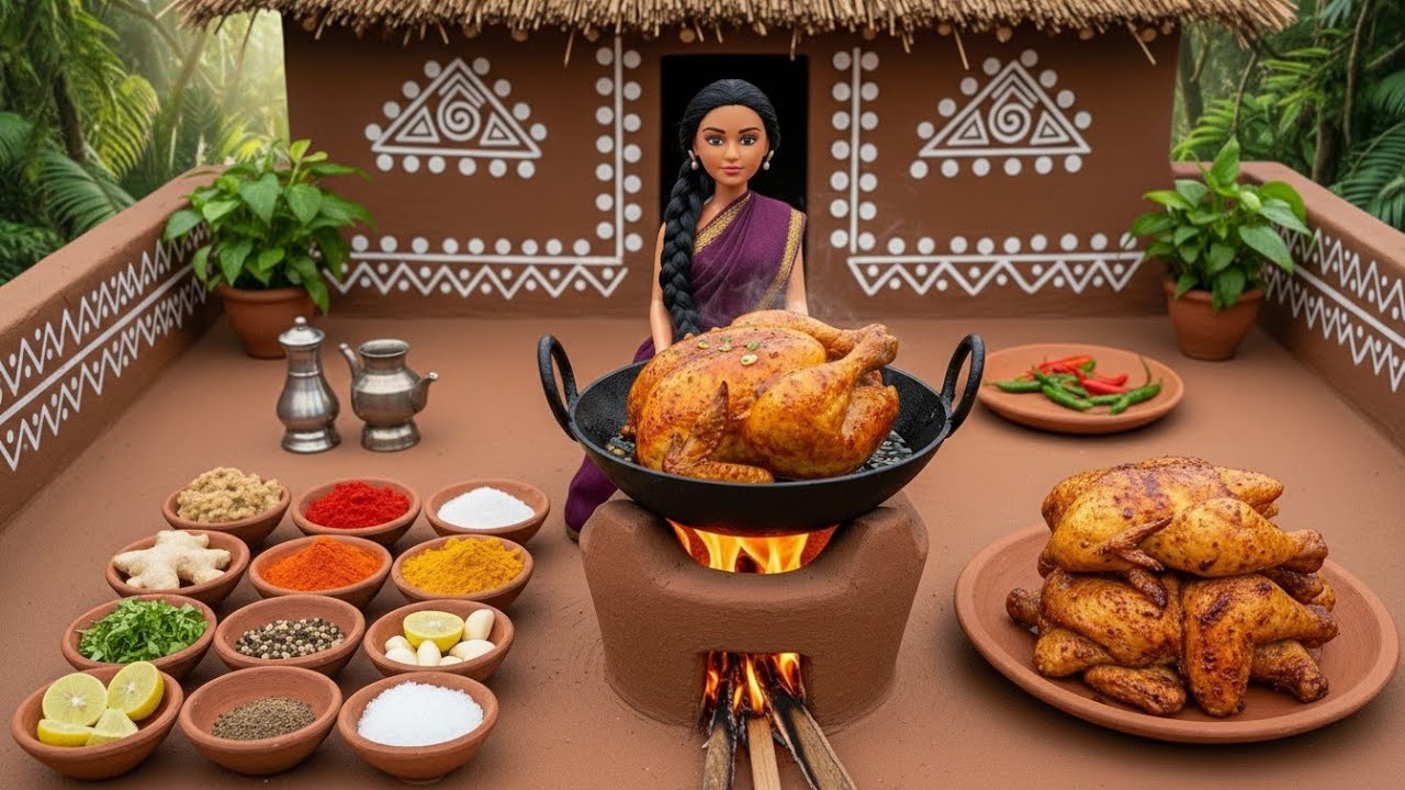Village Wife Cooks Whole Roasted Chicken on Traditional Clay Stove | Miniature Village Cooking ASMR