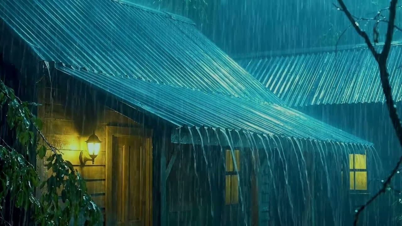 Instant Sleep Relief with Pouring Rain & Powerful Thunder on Metal Roof in Gloomy Forest