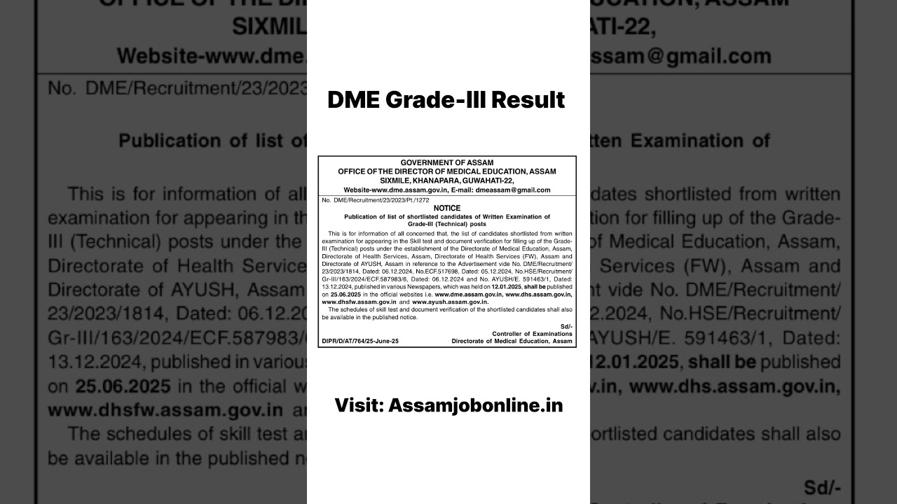DME RESULT 2025 - Grade-III Technical written Test Result