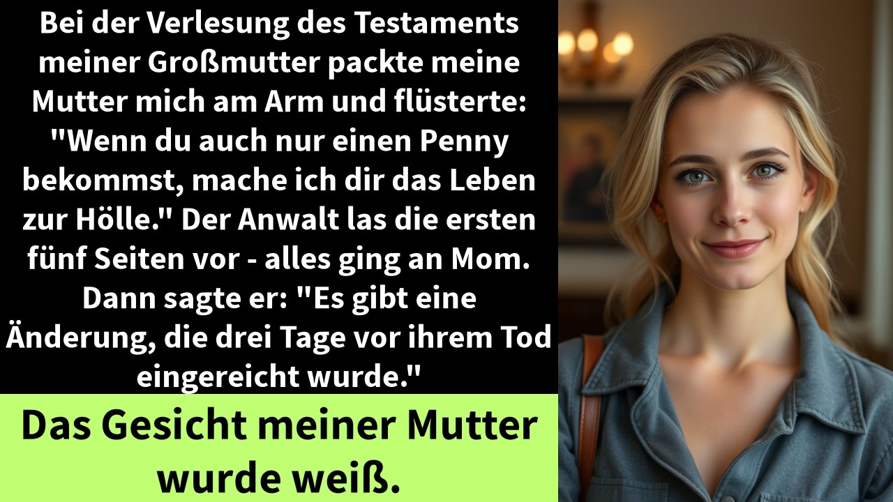Bei der Verlesung des Testaments meiner Großmutter packte meine Mutter mich am Arm und flüsterte: