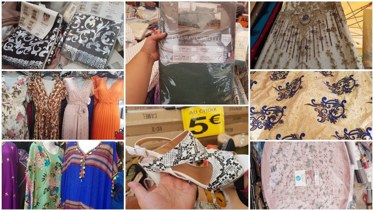 جولة في سوق ضواحي مدينة باريس la courneuve ملابس نسائية أحذية أواني/جديد ثوب البروكار مطروز ومنبث