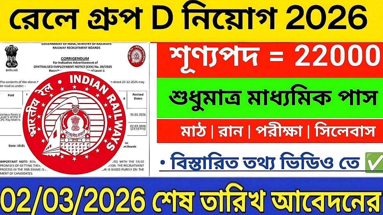 নিজ নিজ জেলার রেলে Group D নিয়োগ 2026 | শূন্যপদ 22000 | 10th Pass | RRB GROUP D NEW VACANCY 2026 |