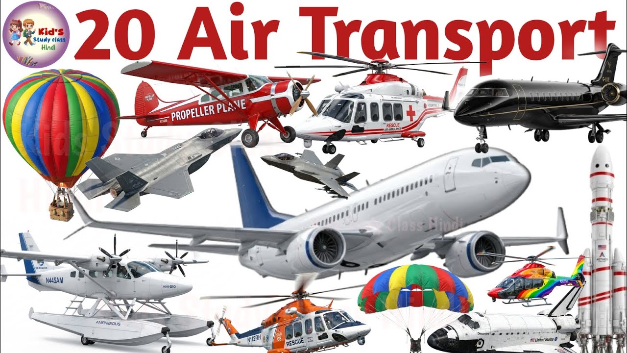 Learn 20 Air Transport Names for Kids | Airplane Helicopter Jet Cargo Plane | हवाई वाहनों के 20 नाम