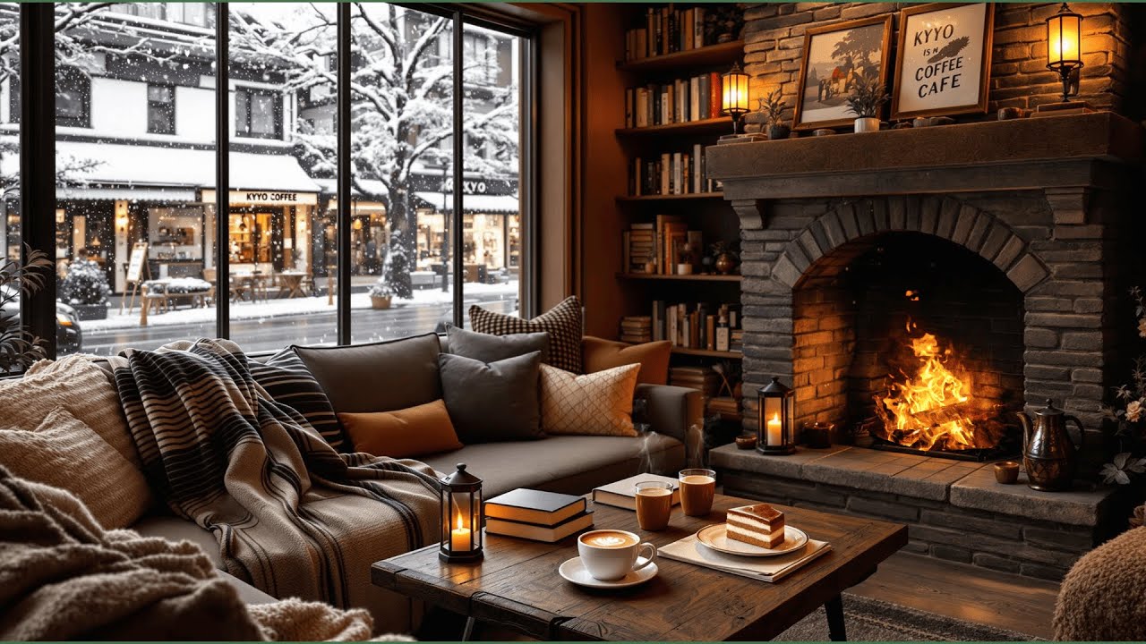 Jazz Relaxing Music ❄️ Cozy Winter Coffee Shop Ambience with Crackling Fireplace for Studying, Relax