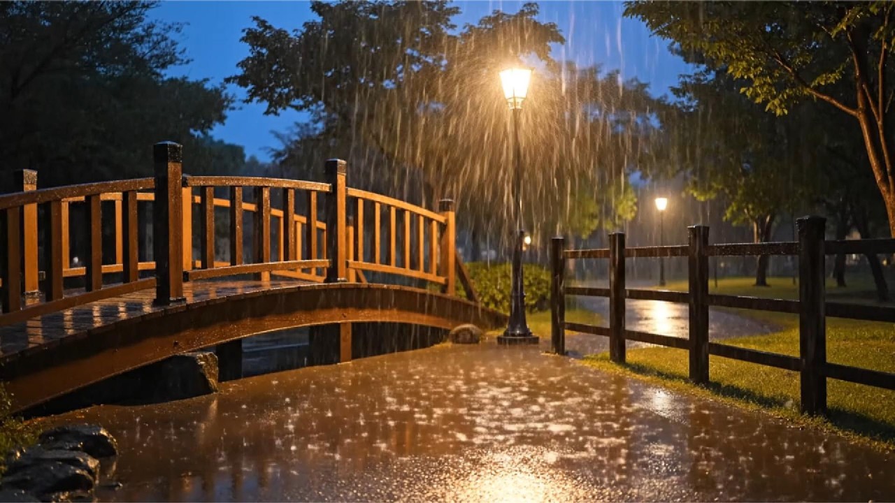 Peaceful Rainy Night Park Walk with Wooden Bridge 🌧️ Relaxing Sleep Ambience 4K  Calm Path Rain