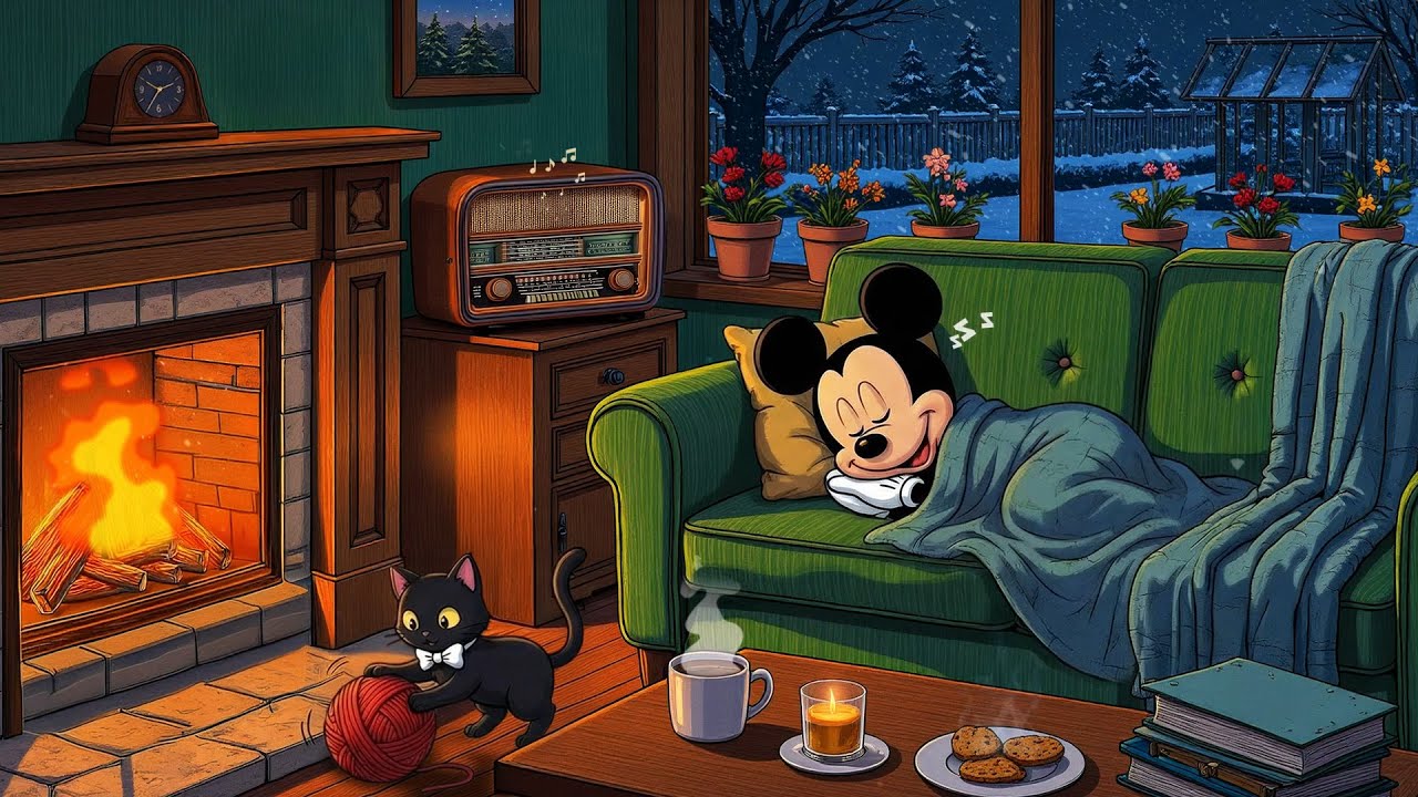 Oldies playing in Another Room on a Snowy 1930s Cozy Night Ambience (Crackling Fireplace & Blizzard)