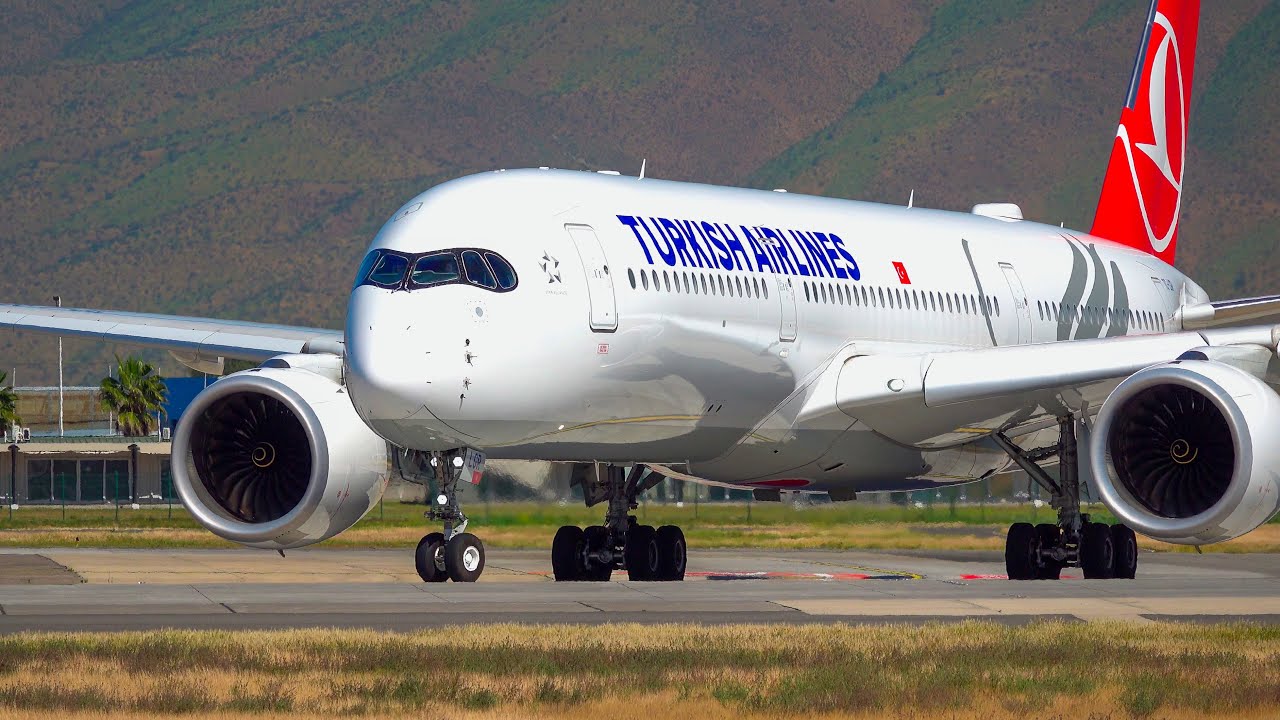 Turkish Airlines Airbus A350 departing to Sao Paulo. Plane spotting at Santiago [SCL] airport.