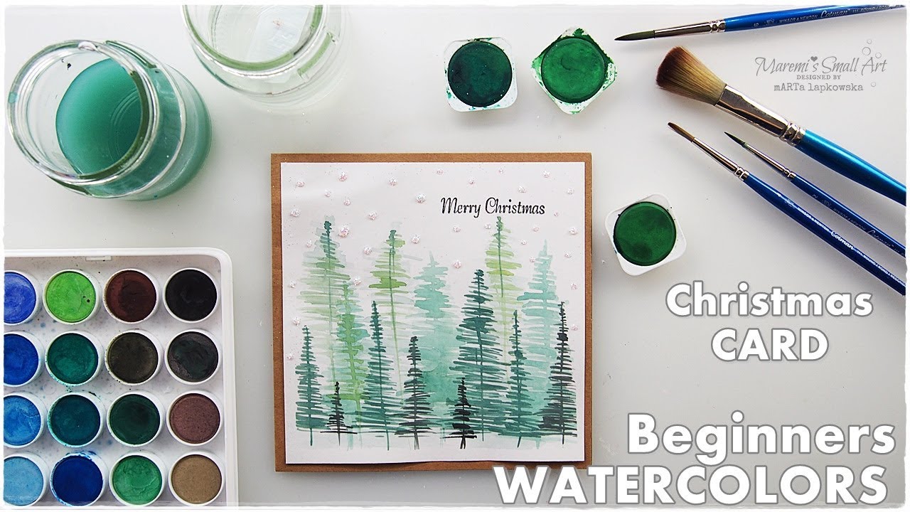 Watercolor Christmas Card Scenery Trees for Beginners ♡ Maremi's Small Art ♡