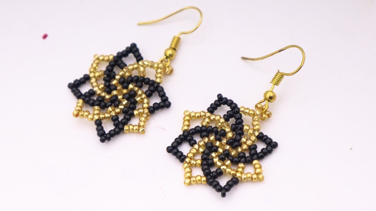 Gorgeous Black & Gold Flower Earrings//Easy Seed Beads Earrings Tutorial//Beaded Earrings