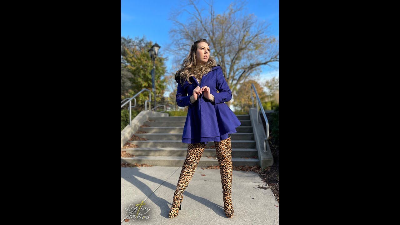 KRISTINA MODELS ZEAGOO FALL WINTER FASHION BLUE COAT LEOPARD PRINT LEATHER THIGH BOOTS HOLIDAY GIFT