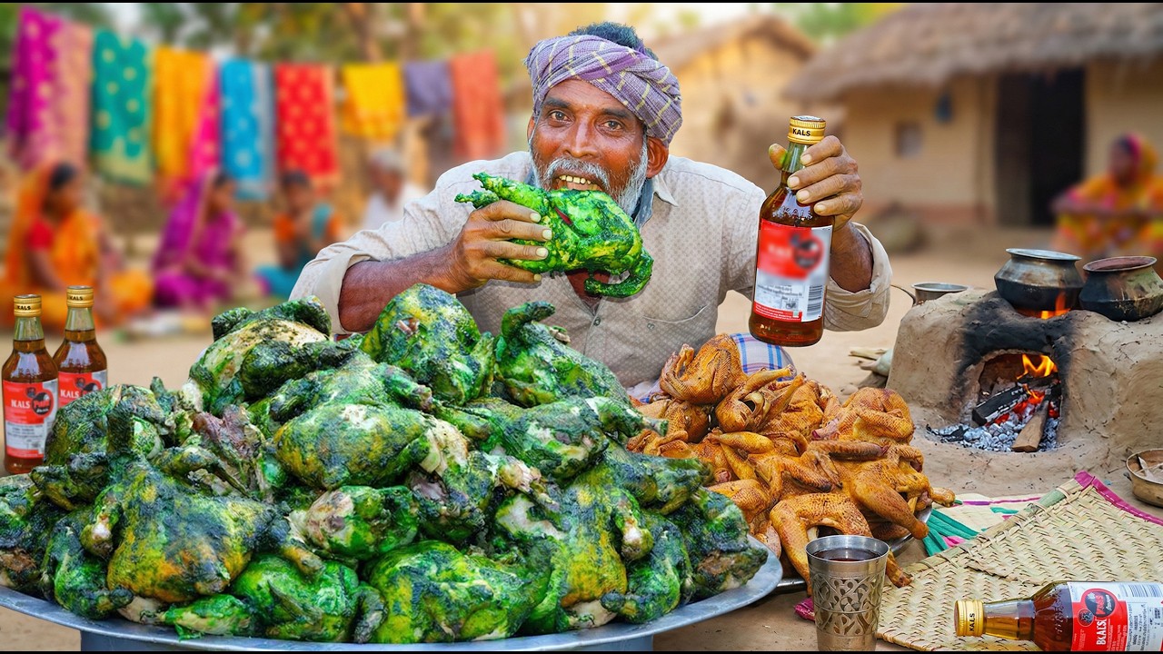 Country Green Chicken Fry Cooing and Eating Celebration Drinks in Thug Life Man