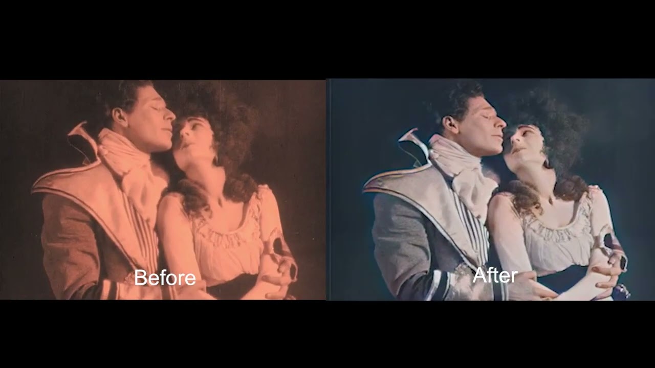 Danse Macabre silent movie - AI restoration and colourisation comparison