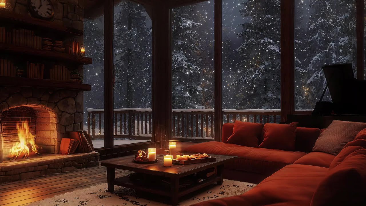 Relaxing Piano & Crackling Fireplace 🎹 Cozy Winter Ambience & Snowfall for Sleep & Stress Relief