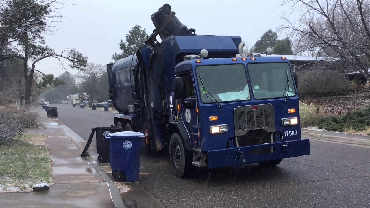CABQ SWMD 2017 Peterbilt 320 Amrep HX-450 N3 Garbage Truck. Collecting in the Snow.