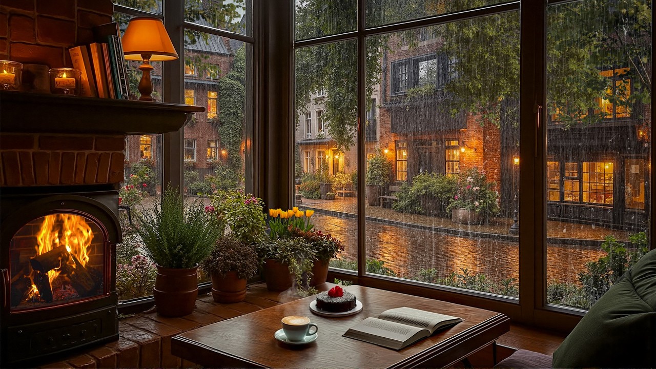 Beautiful Rain Jazz in Spring Caf&eacute; 🔥🌧️ Coffee Shop Piano & Rain Sounds for Calm Evenings