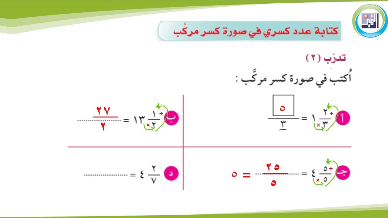 الصف السابع  رياضيات  الدرس الثاني  الوحدة السابعة بند7 2 الكسور المركبة والاعداد الكسرية