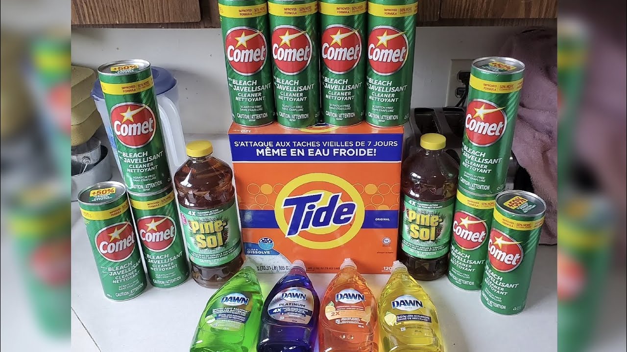 Big box of Tide, dawn dish soap, pinesol & 10 cans of Comet Paste ASMR