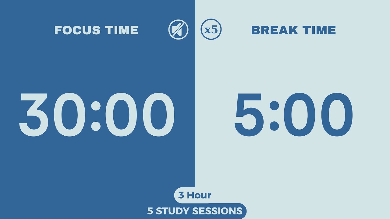 30/5 Pomodoro Timer ⏳ | 3 Hour | No Music | Study, Focus, ADHD Countdown