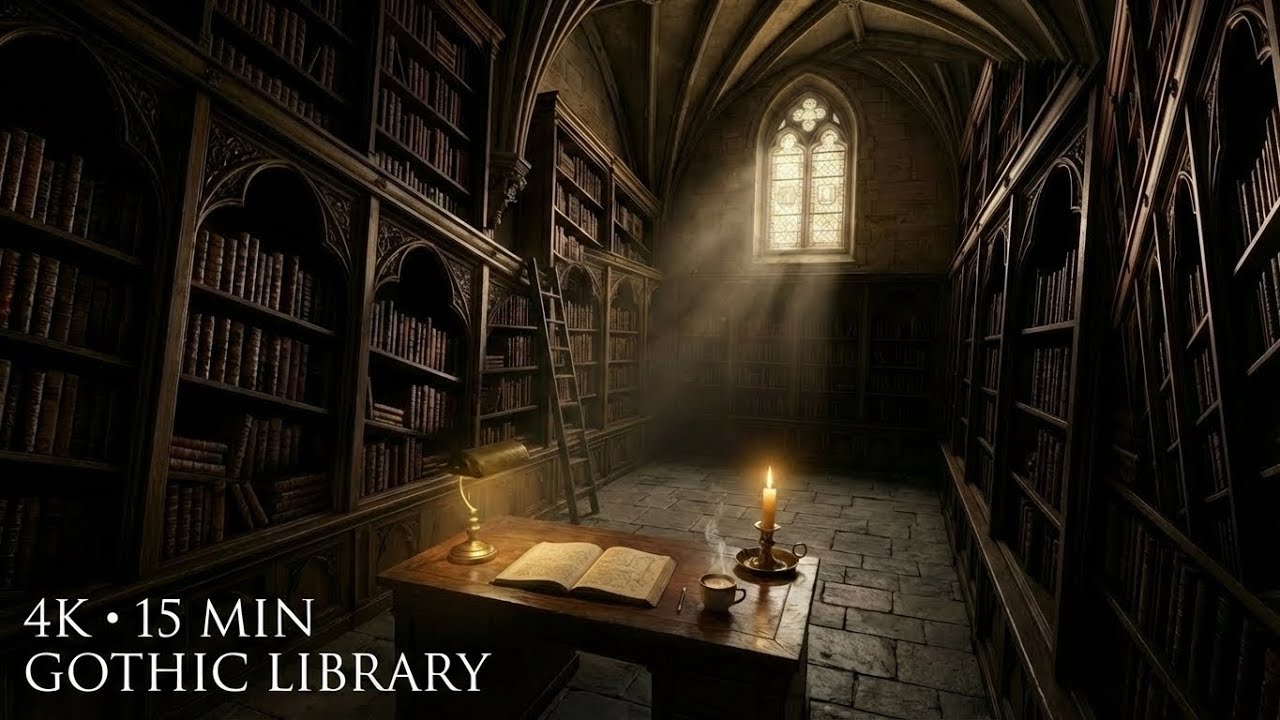 Dark Academia Library Ambience 📚 15 Min Study Timer (Wind + Bell)