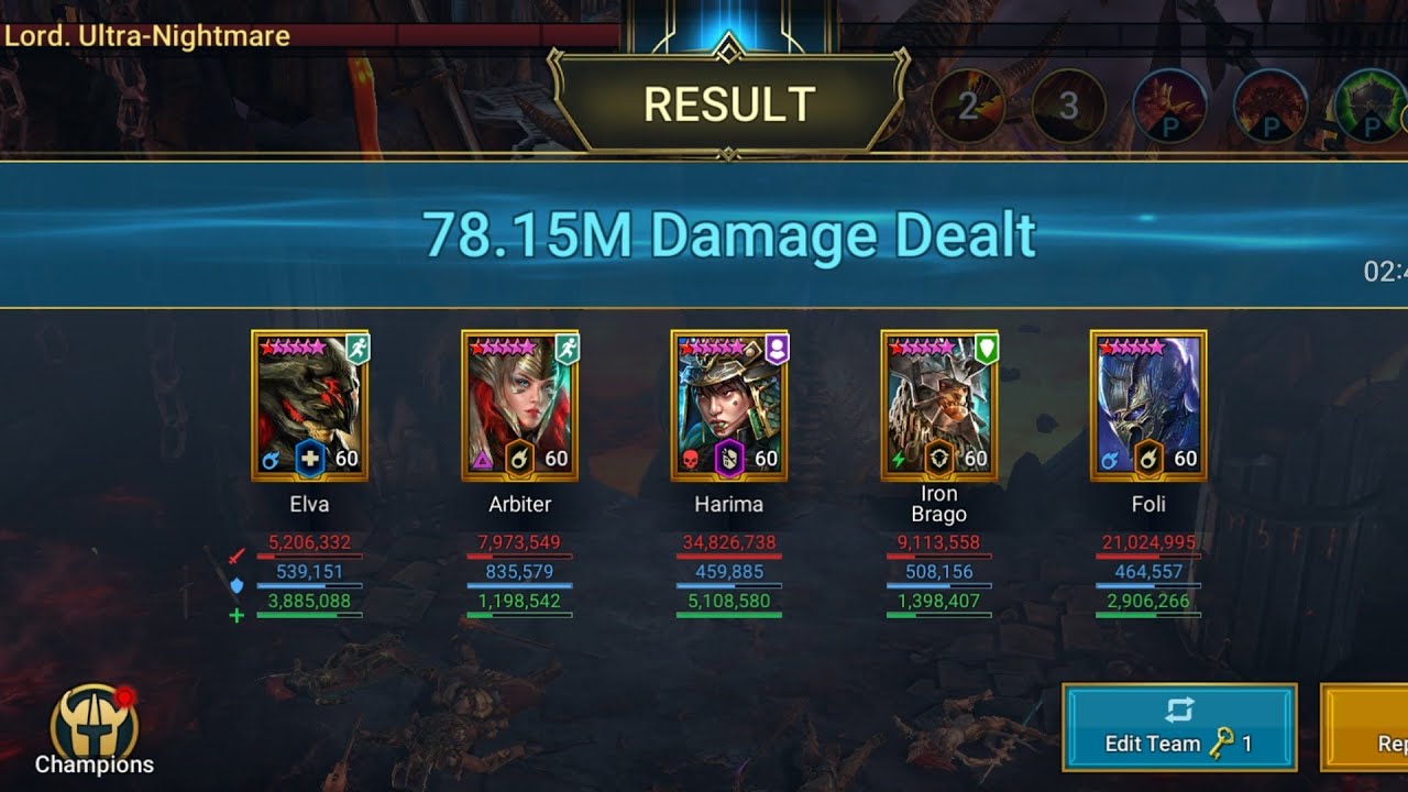 Raid Shadow Legends, 1key UNM 78m Clan Boss with Harima & Brago.