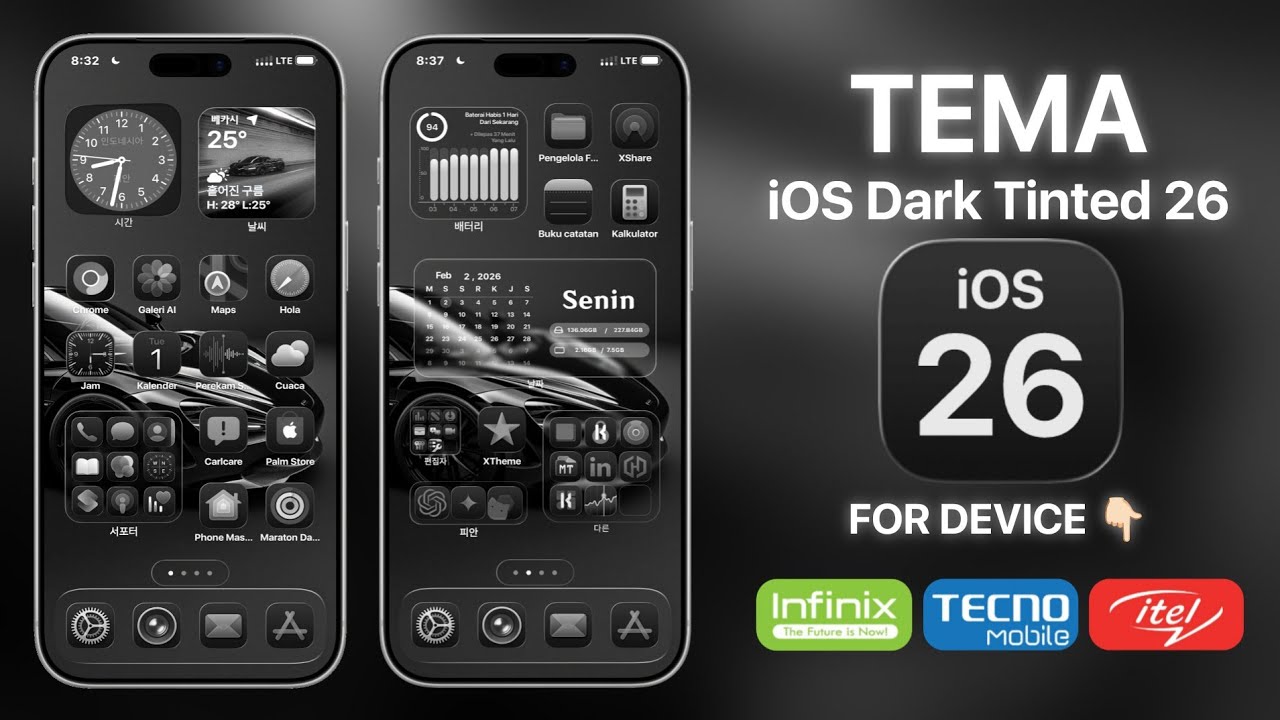 Тема iOS DARK TINTED 26 для Infinix/Tecno/Itel (новейшая версия 2026 года)