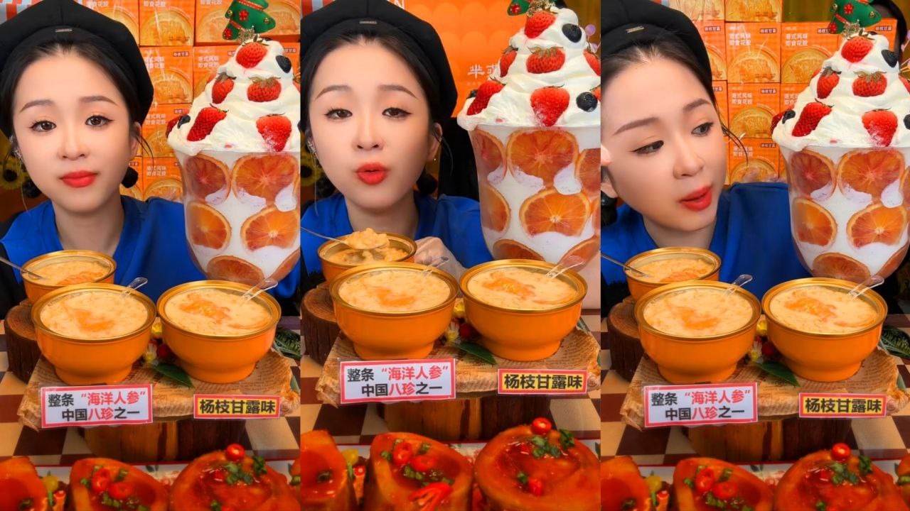 GIANT STRAWBERRY FRUIT PARFAIT & SEA CUCUMBER MUKBANG | ASMR CHINESE DESSERT EATING SHOW