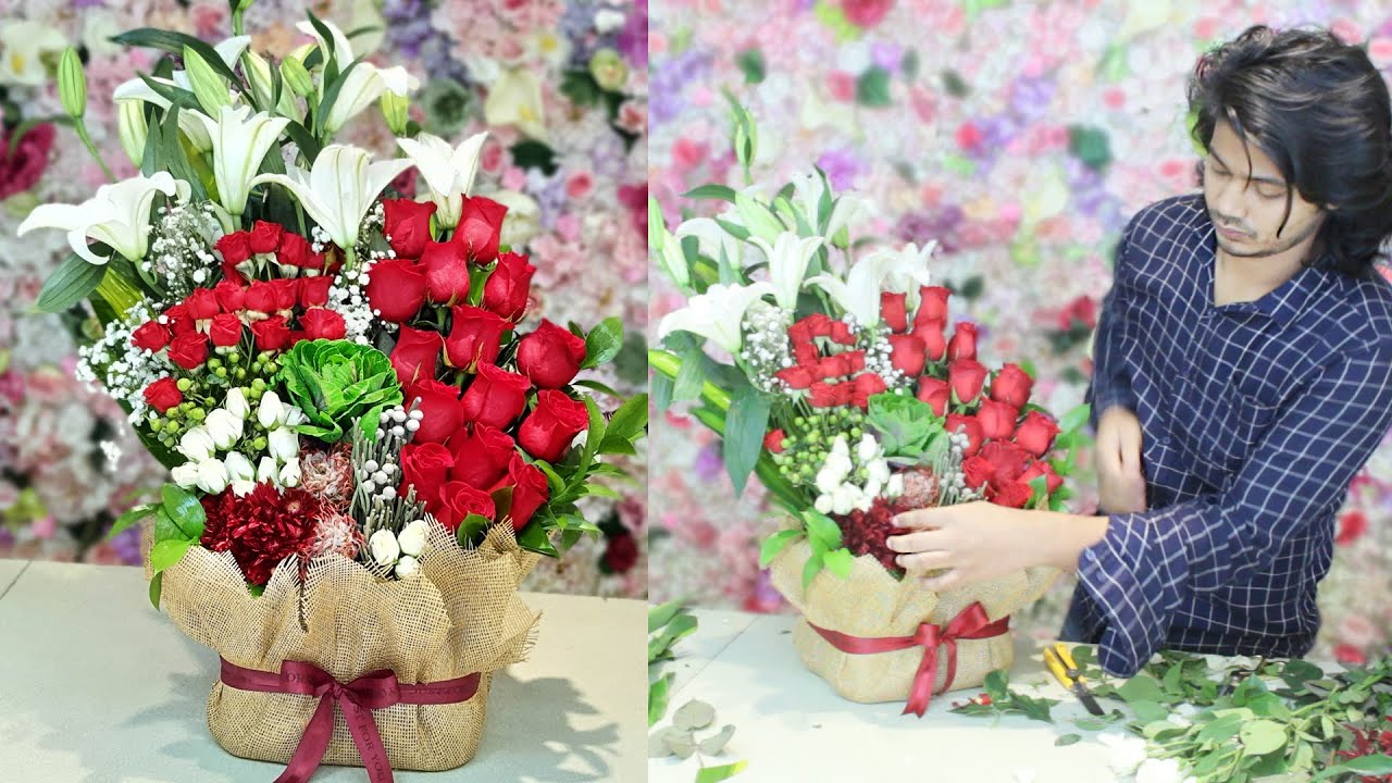 Flowers arrangement in a box. Easy way to make big bouquet