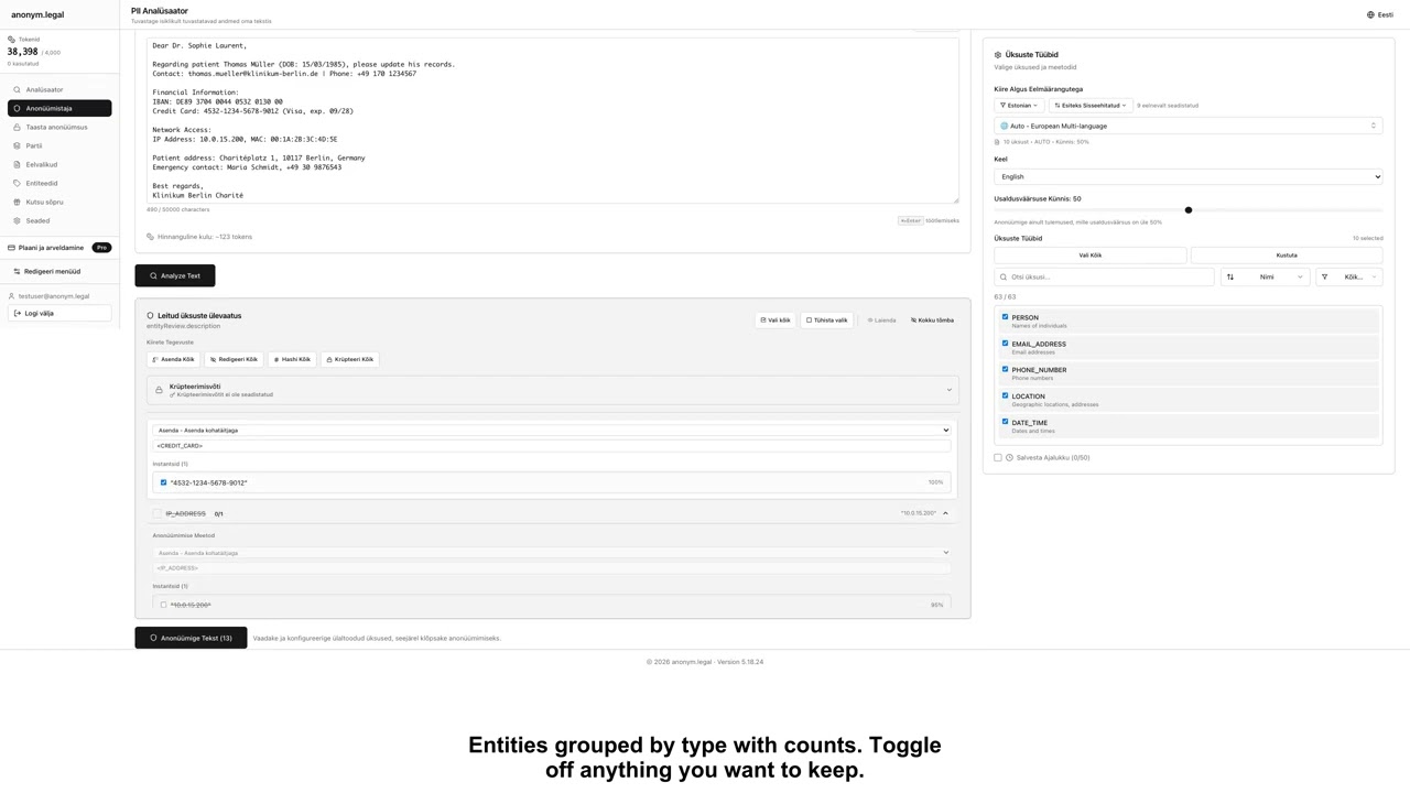 How to Anonymize PII in Text, Files & Documents — 285+ Entity Types | anonym.legal Demo