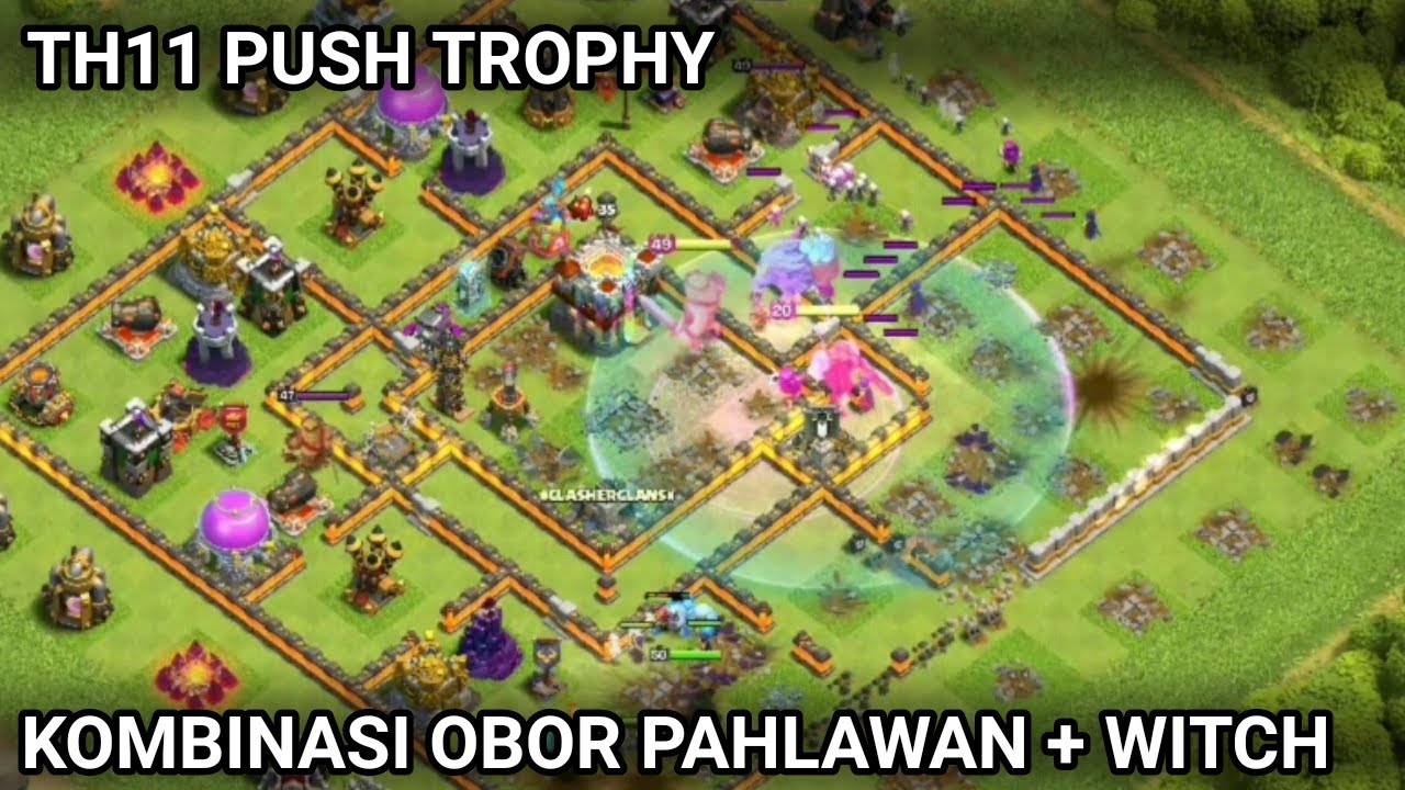 Push Trophy Th11 Combo Darat Pakai Equipment Obor Pahlawan Warden | Clash of clans gameplay