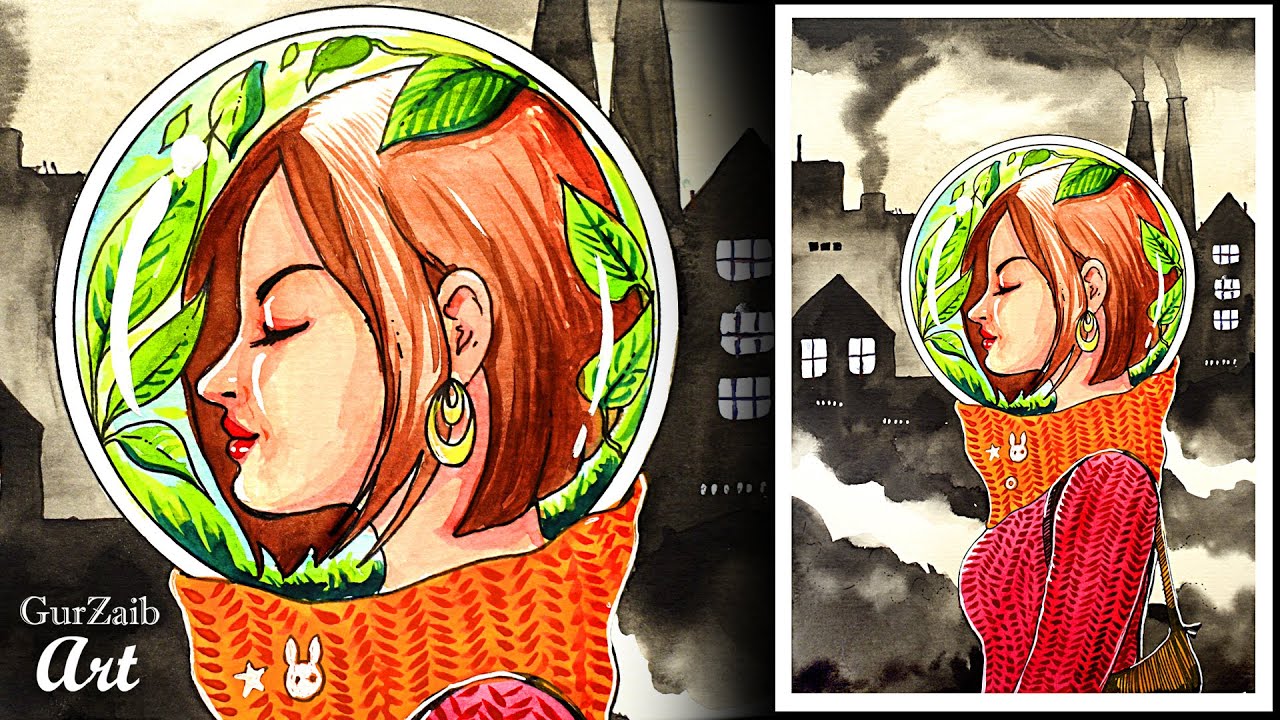 Stop air pollution poster painting in easy steps with watercolors || Gurzaib art drawing
