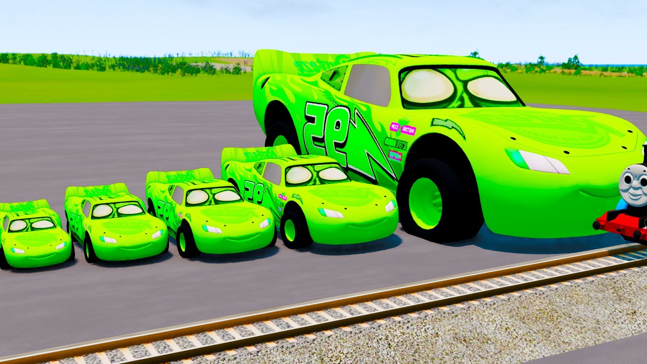 Big & Small Green McQueen with Monster Wheels VS Train | BeamNG.drive