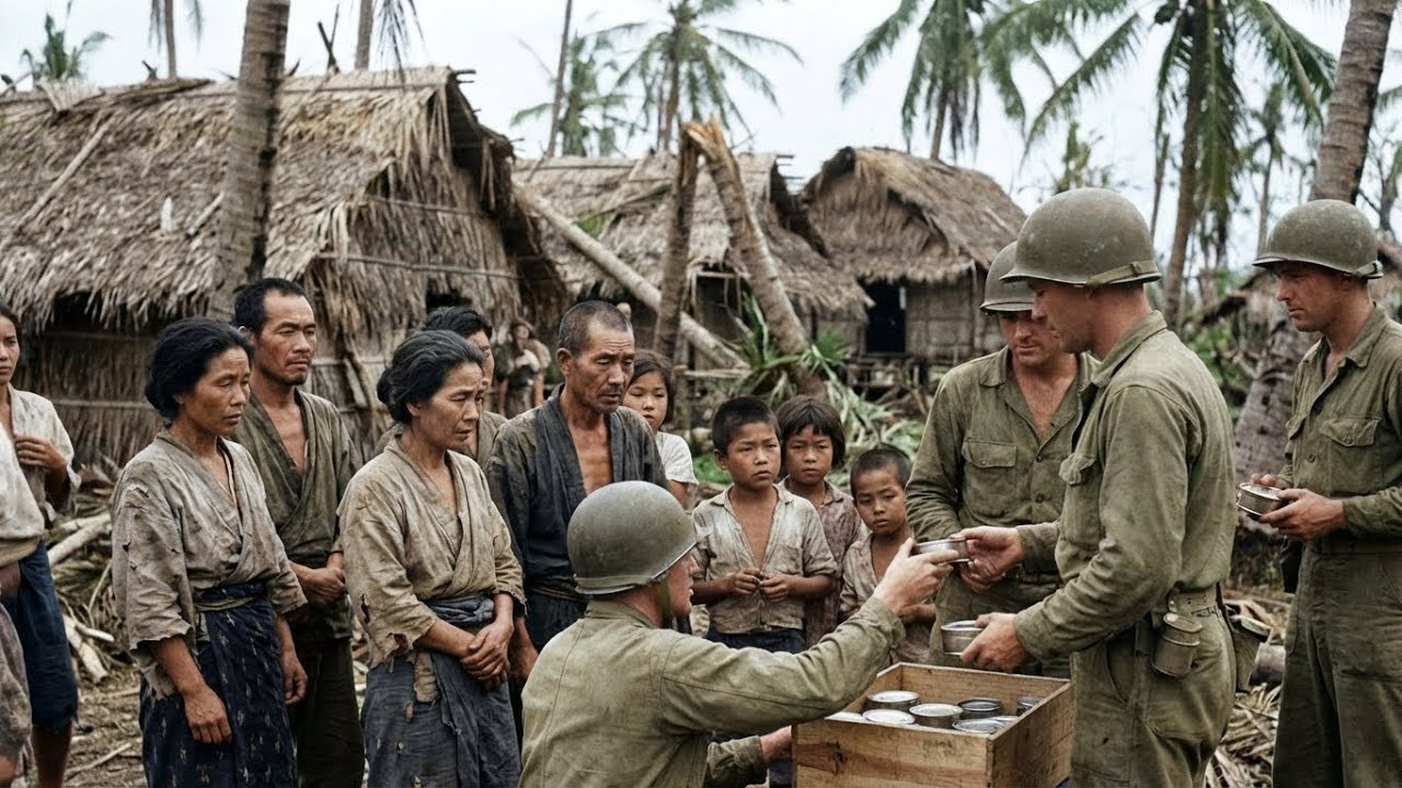 Japanese Civilians Shocked as U.S. Marines Distributed Food After Island Battles
