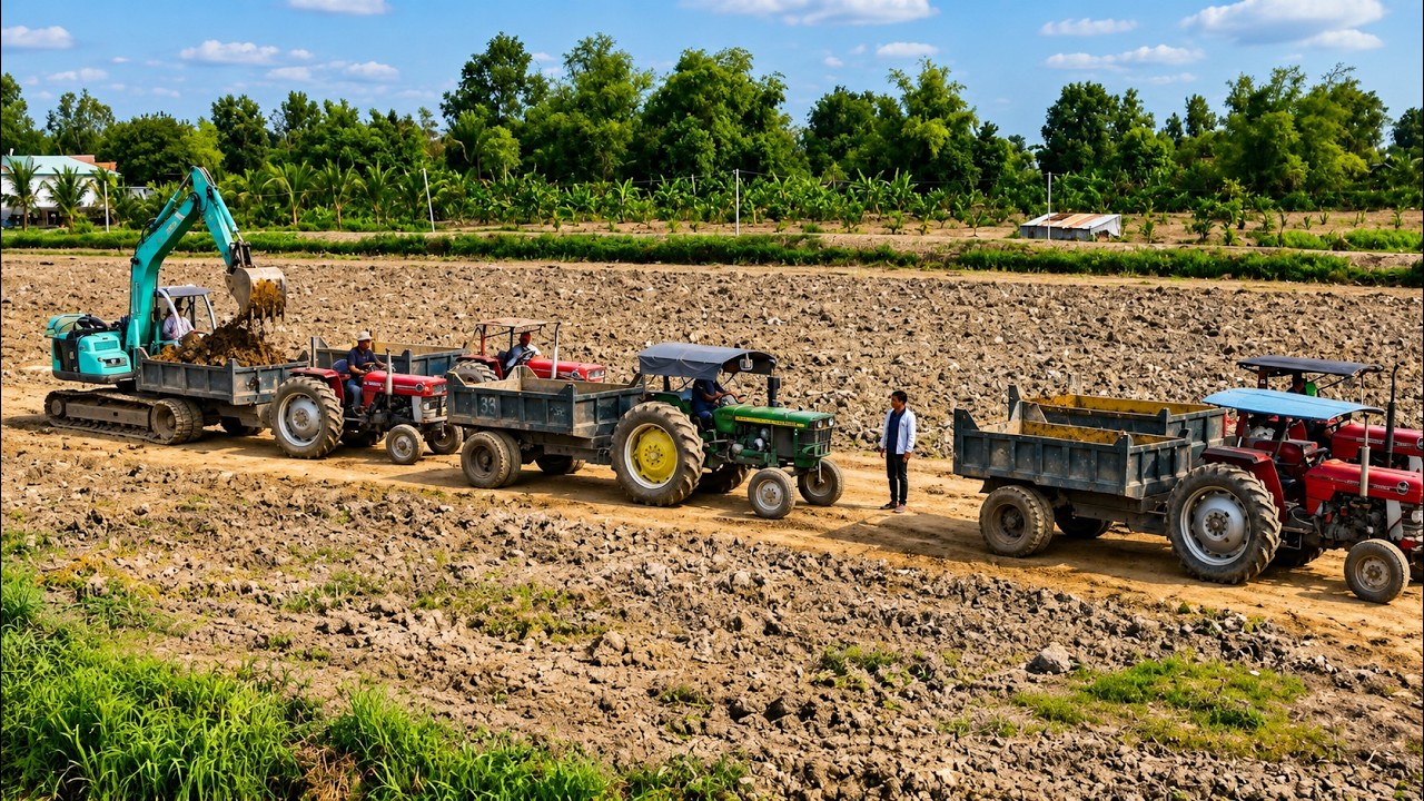 Một bầy máy cày cầu đẩy chở đất leo dốc cao 2 mét phê thiệt, MF 165, John Deere 2130 | Tractor