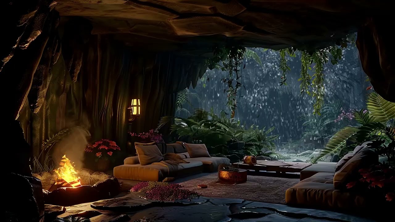 Gentle Night Rain in a Cave | Bonfire Sounds to Drift into Sleep