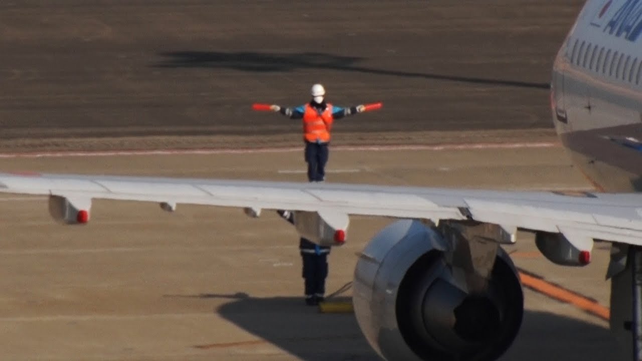 ✈✈息もぴったり 礼儀正しい女性マーシャラー(marshaller)全日空 (All Nippon Airways) Airbus A321-211 JA112A羽田空港
