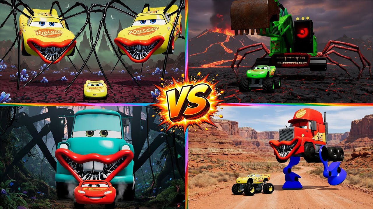 Zombie Pit! Spider Car🏎️Zoombie Mcqueen 🆚 School Bus Monster 🆚 Excavator Monster 🆚 / Tiles