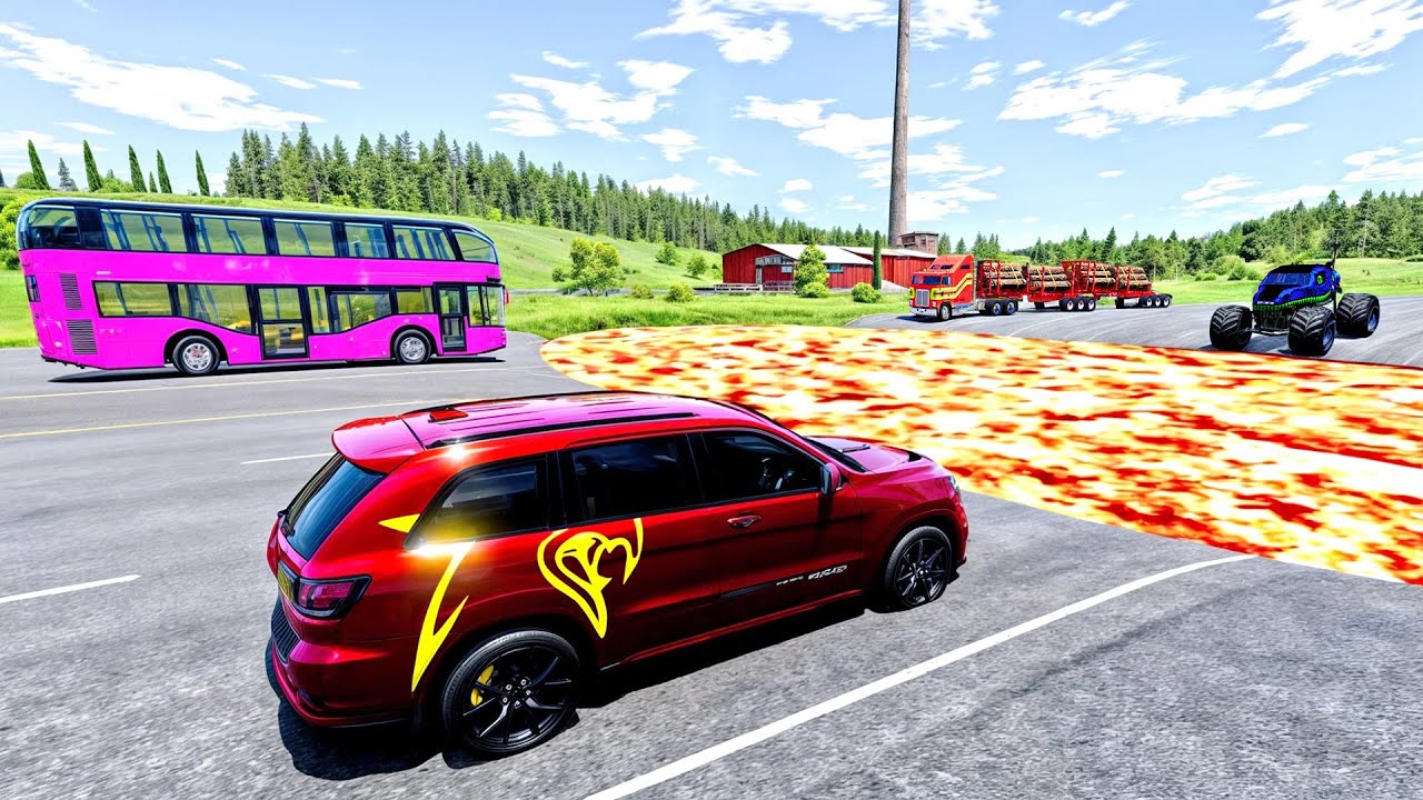 HT Gameplay Crash # 98 | Bus Cars Monster Trucks Crash vs Giant Lava Pit