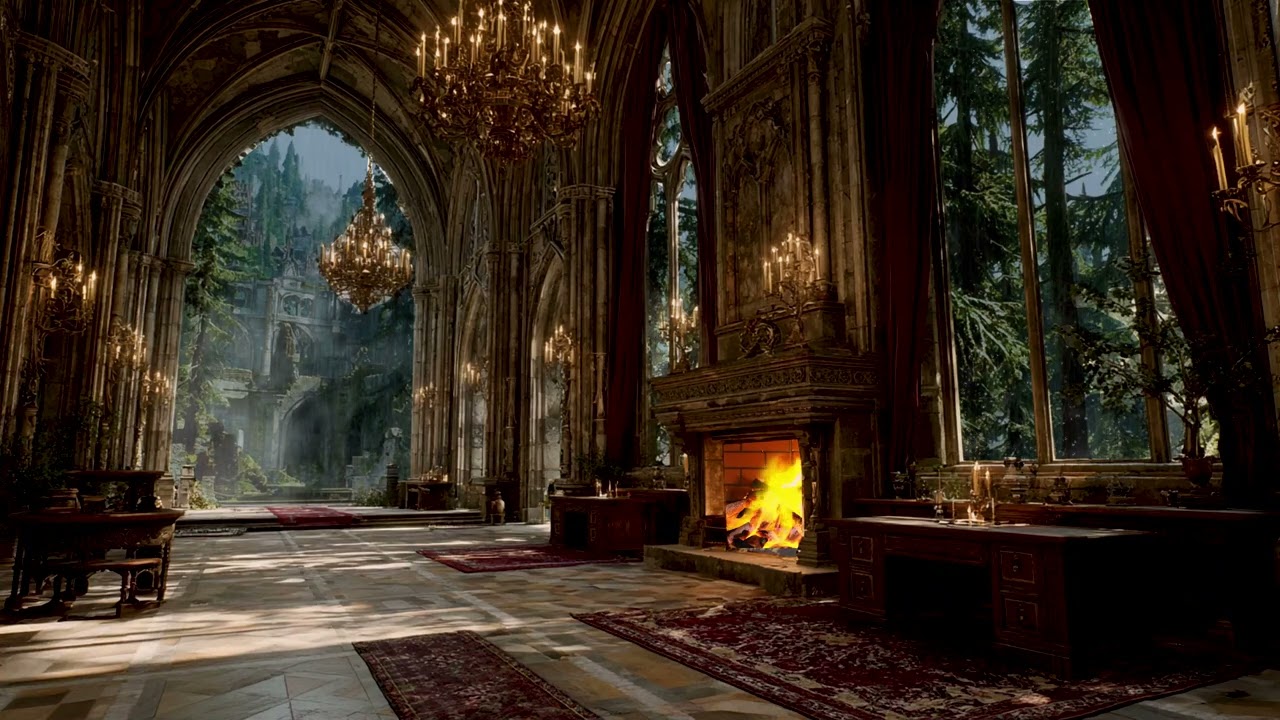 Magical Castle in the Rain | Cozy Fireplace, Gentle Snow & Dreamlike Fantasy Ambience