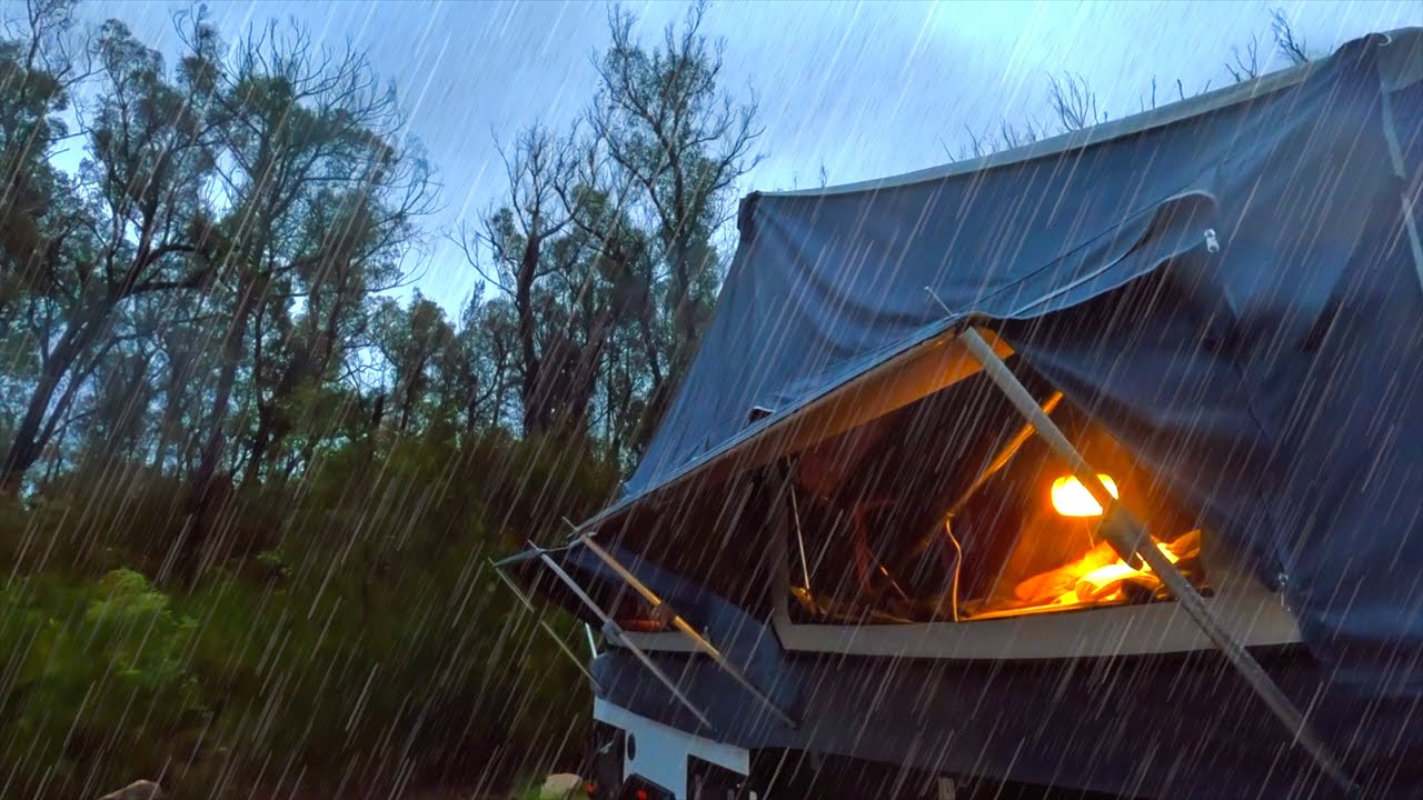 Camping in a Rain & Wind Storm / Cozy camper trailer  NATURE / ASMR 4K