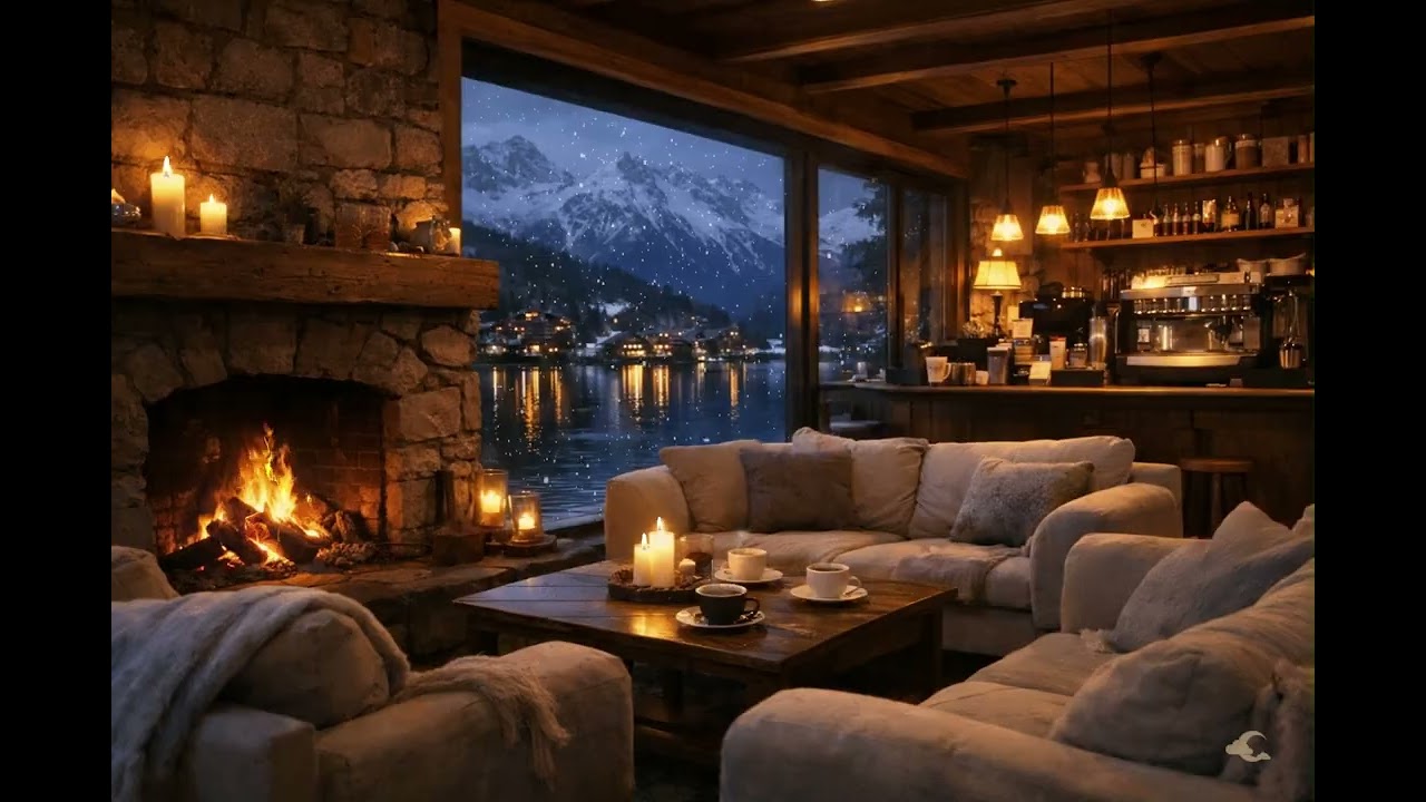 Dreamy Jazz Music ☕ Cozy Lakeside Café Ambience with Fireplace & Alpine Relaxation Study & Sleep