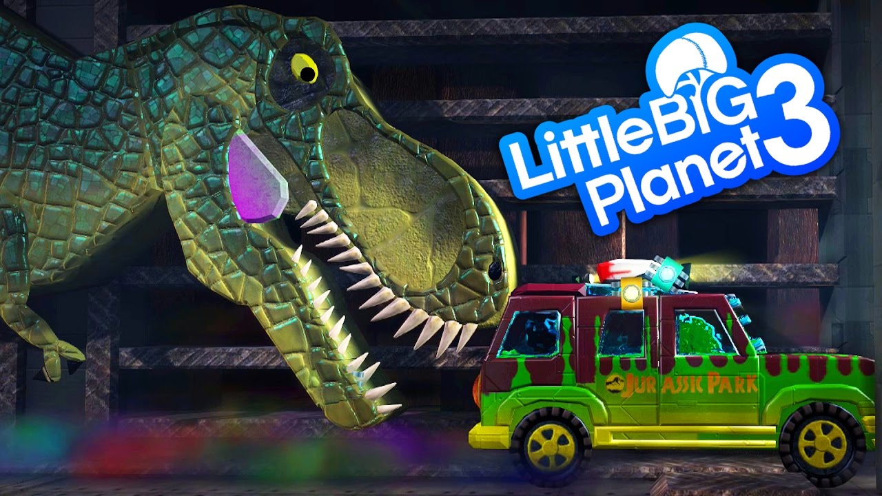 LittleBigPlanet 3 - Jurassic Park - GIANT T-Rex Dinosaur Chases Car With Other Dinosaurs