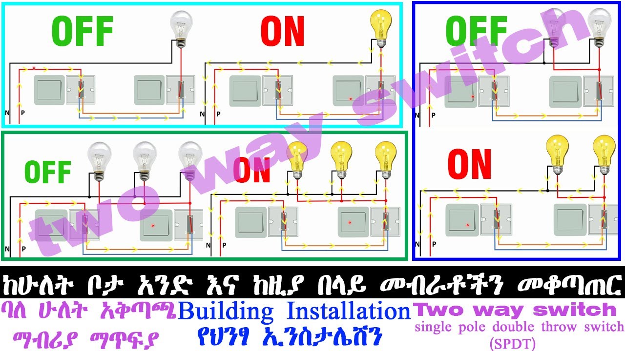 ከሁለት ቦታ አምፖሎችን መቆጣጠር (2 way switch) || building installation in amharic