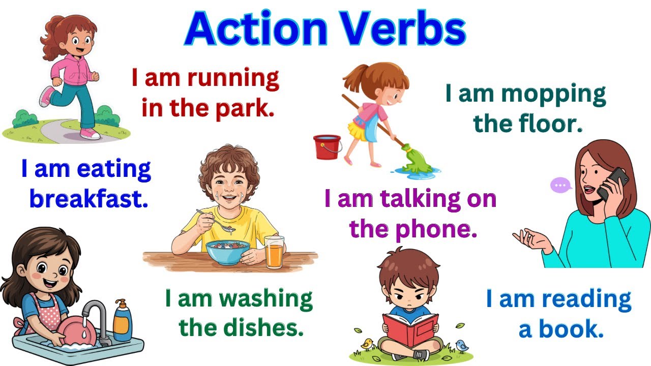 Action Verbs in English | Present Continuous Tense | I Am + Verb Sentences