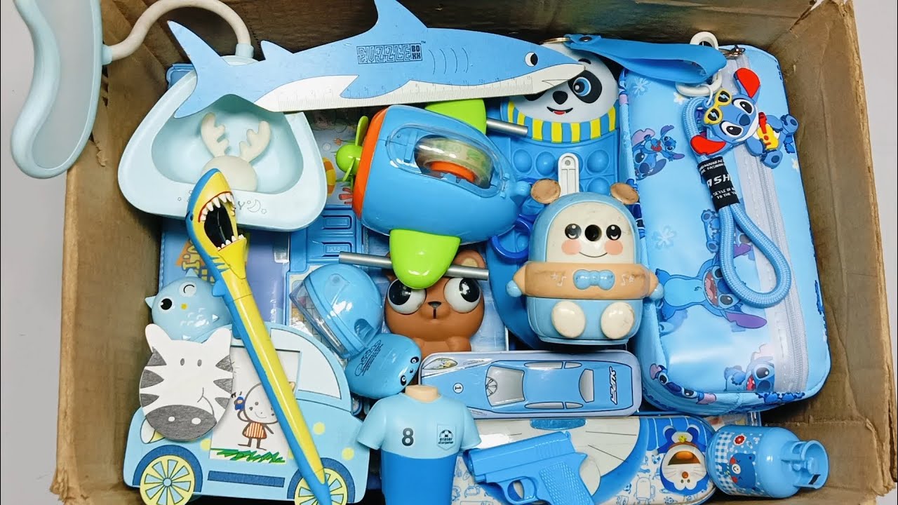 Blue colour stationery collection, doremon pencil box, stitch pencil pouch, shark pen, eraser pen