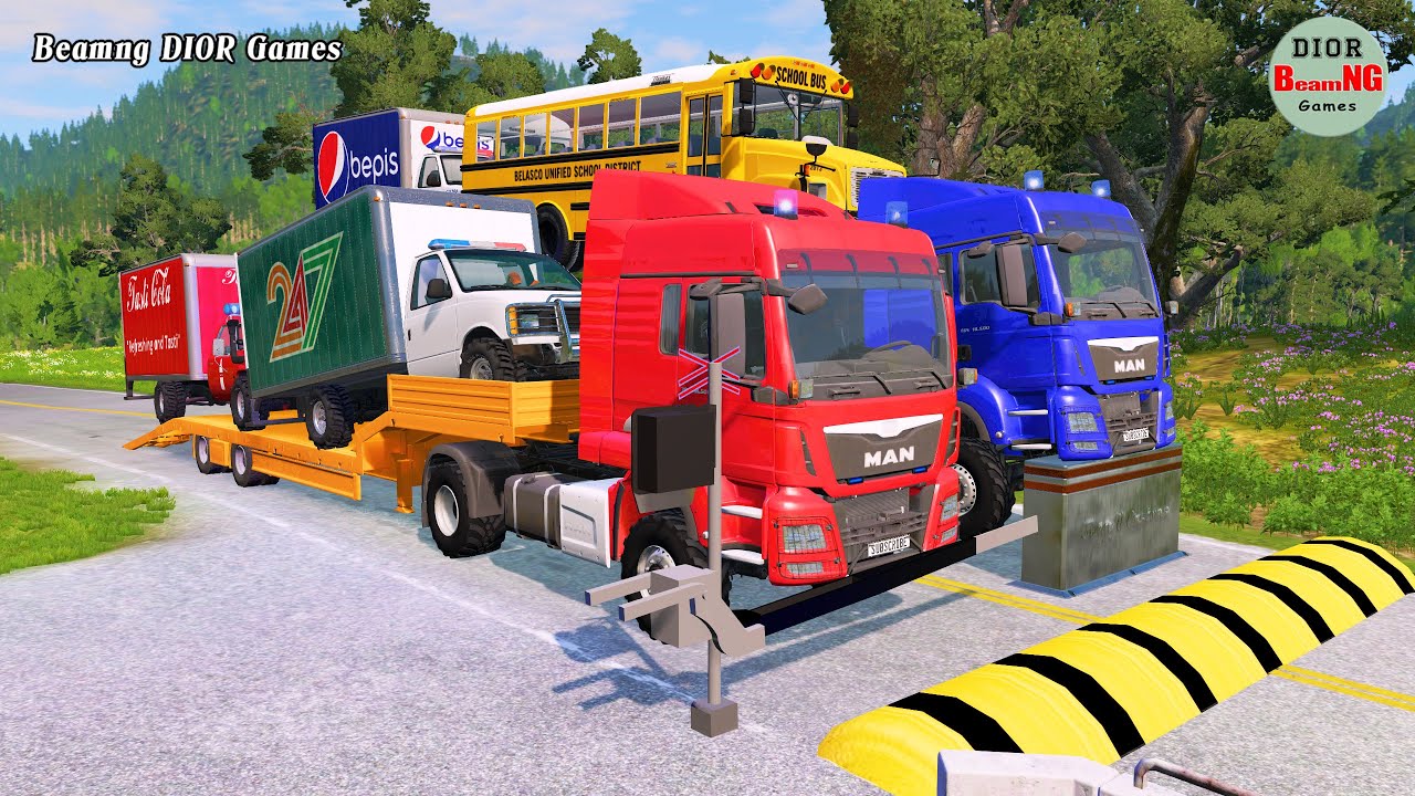 Double Flatbed Trailer Truck vs speed bumps|Busses vs speed bumps|Beamng Drive|1304