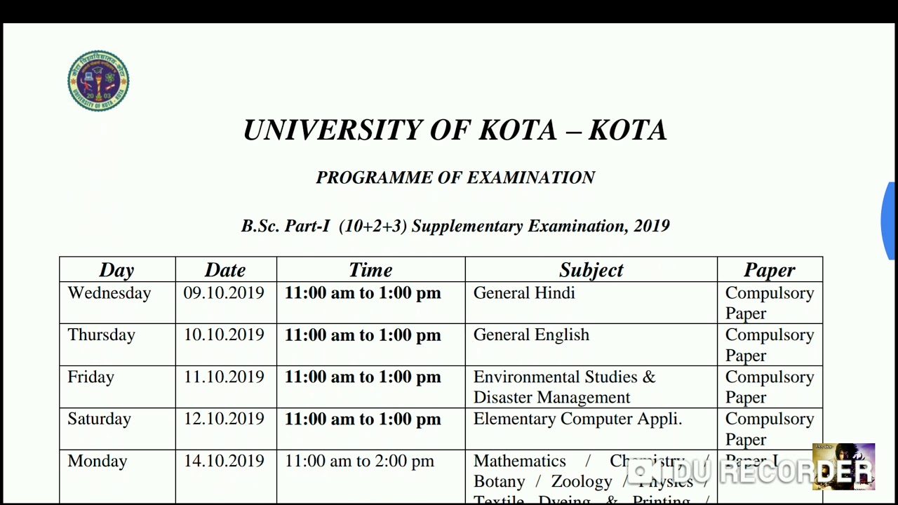Supplementary Exam date Sheet 2019| University of kota | B.A | B.com | B.SC