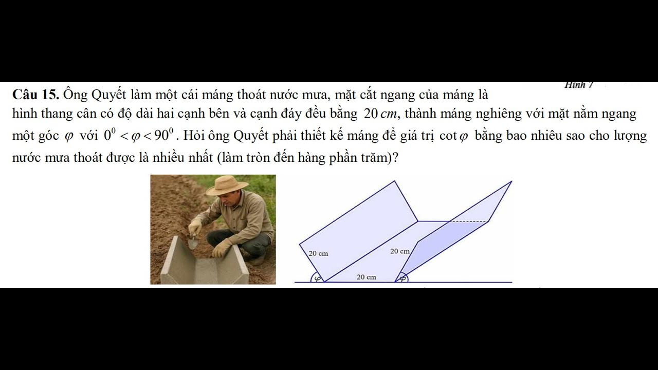 một cái máng thoát nước mưa, mặt cắt ngang của máng là hình thang cân có độ dài hai cạnh bên và cạnh