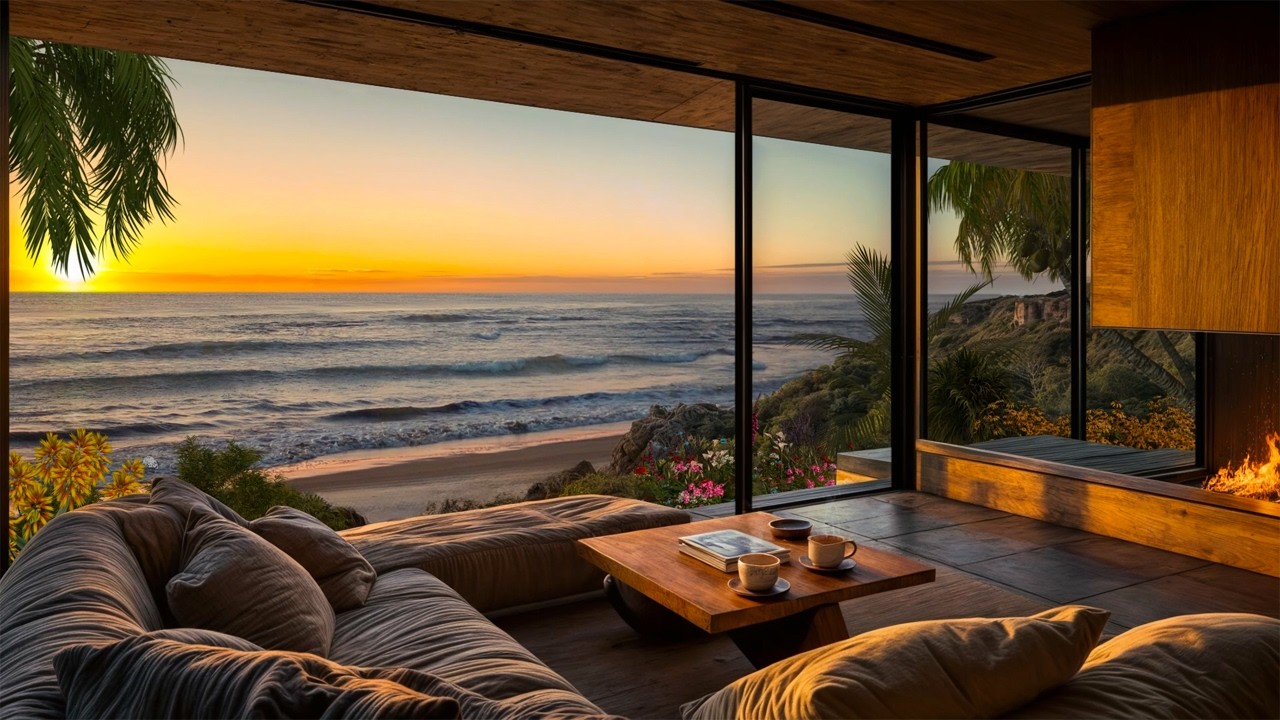 🌅 Coastal Sunset Cabin | Cozy Fireplace Ambience by the Ocean for Relaxation, Rest & Peace of Mind
