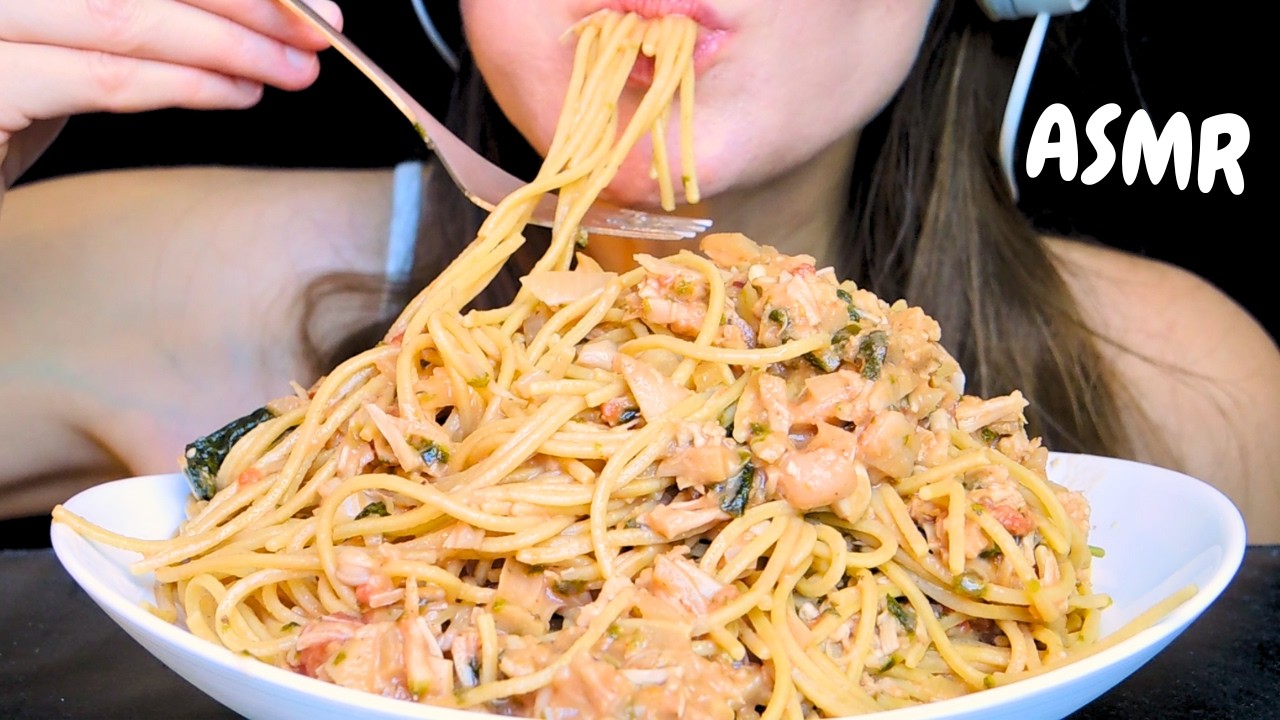 asmr creamy TUNA pasta mukbang (no talking eating sounds)